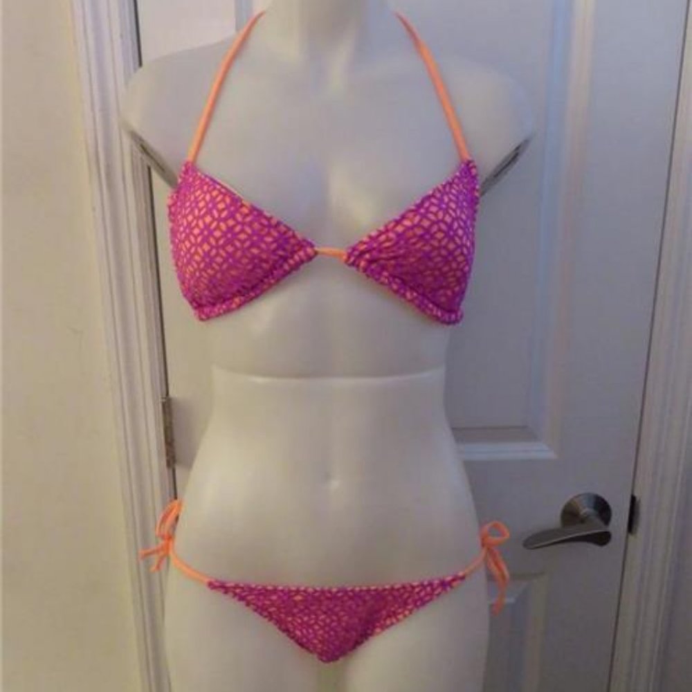 B SWIM PURPLE,ORANGE FLORAL CROCHET BIKINI S